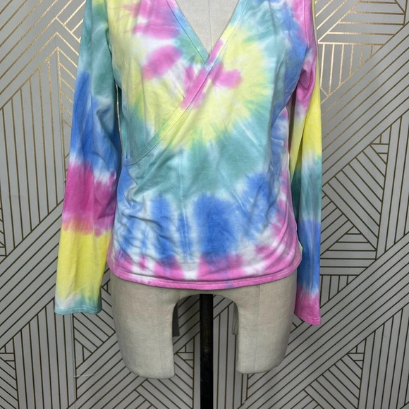 CHASER Long Sleeve Ballet Wrap Top In Tie Dye Pink Yellow Size Large - Picture 4 of 12